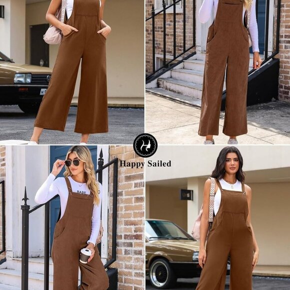 Women Corduroy Overalls Winter Fall Casual Loose Sleeveless Adjustable Strap Wid - Picture 4 of 9